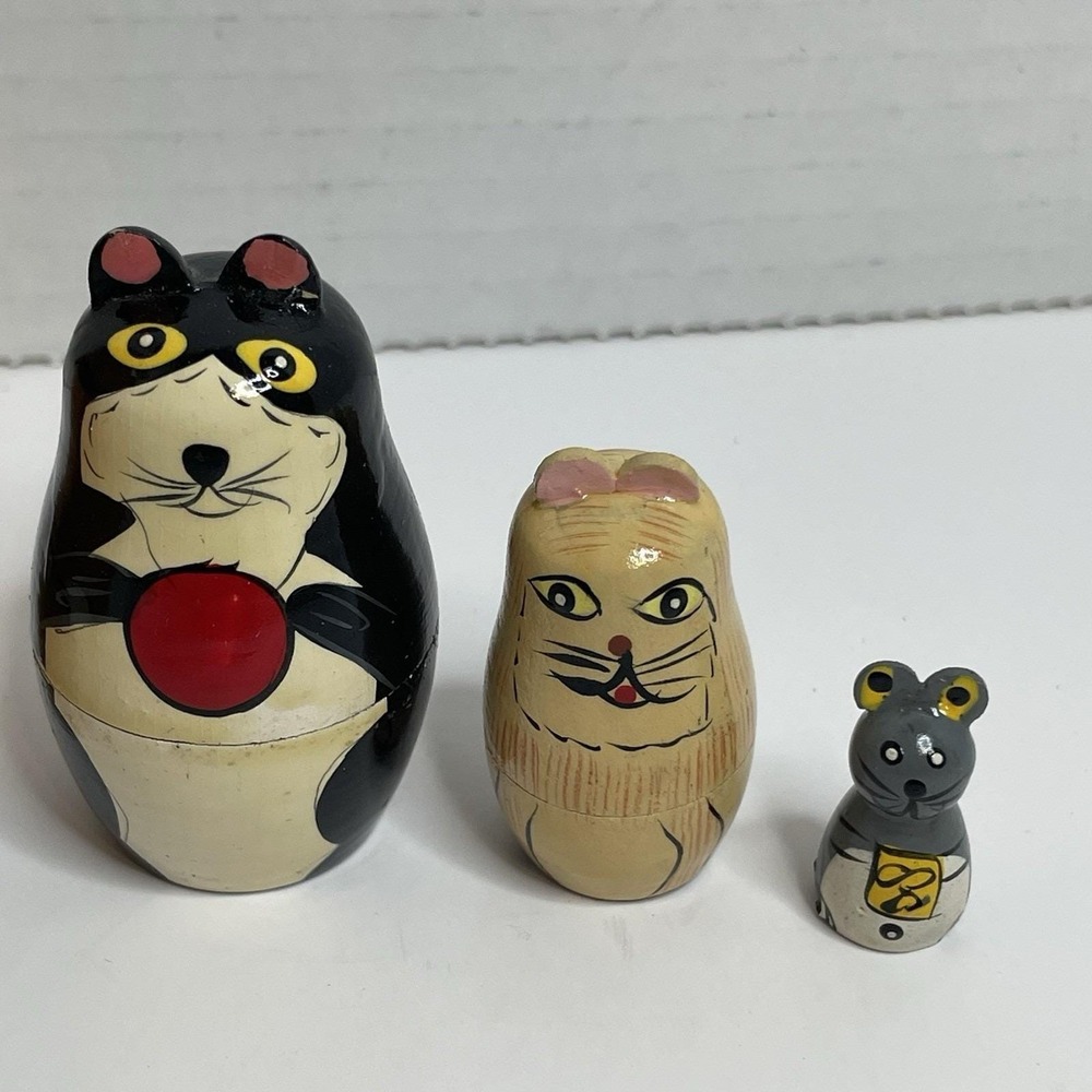 Cat Nesting Dolls Style Animal 5 Doll Set Wood Cat Kitten Kitty Yellow 7" Mouse - Picture 4 of 9
